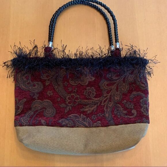 Vintage handmade bag burgundy paisley feathers resin top handle - Picture 2 of 8